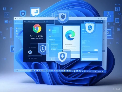 Digital security icons and browser windows emphasizing cybersecurity protection on a computer screen.
