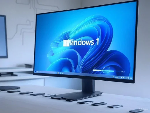 A computer monitor displays the Windows 11 startup screen with a collection of smartphones laid out on a white desk.