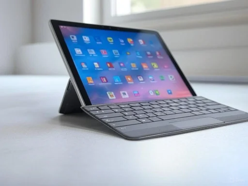 A tablet with a detachable keyboard set on a light-colored surface near a window.