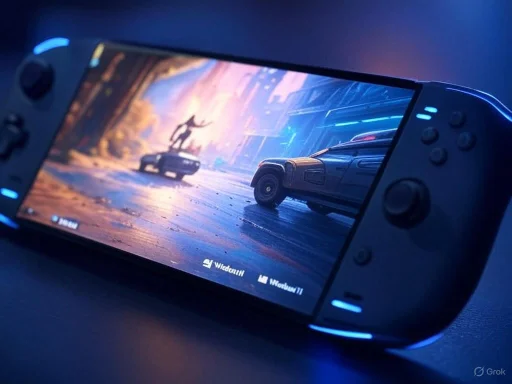 A handheld gaming console displaying a futuristic scene with vehicles and a giant dog statue in a cityscape.