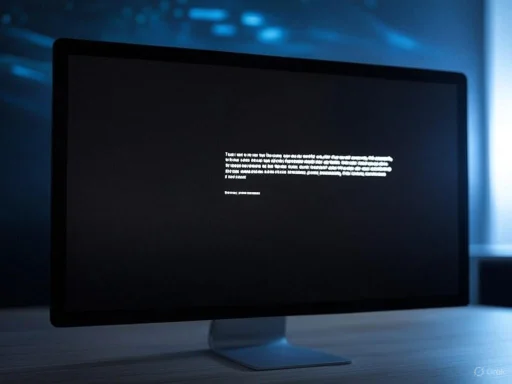 A computer monitor displays a black screen with white text, suggesting a system error or message in a dimly lit room.