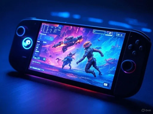 A gaming handheld device displaying a sci-fi space battle scene with armed soldiers and spaceships. A gaming handheld device displaying a sci-fi space battle scene with armed soldiers and spaceships.