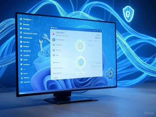 A computer monitor displays security settings against a digital blue background with flowing light lines and shield icons.