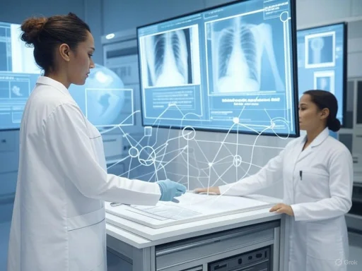 Medical professionals analyze lung X-rays displayed on large digital screens in a modern medical research lab.