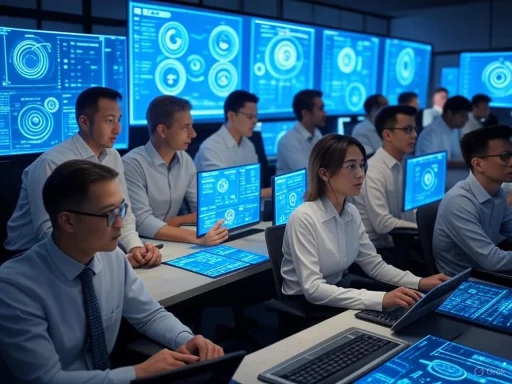 A group of professionals monitors multiple digital screens displaying data in a high-tech control room.