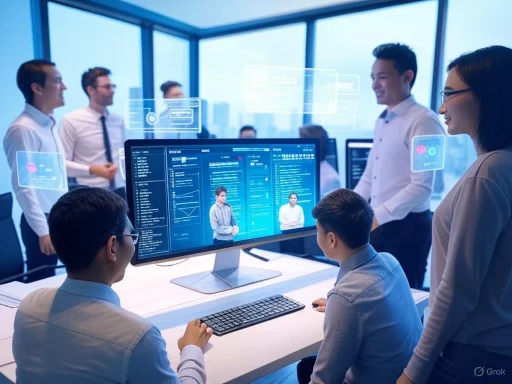 A diverse team of professionals collaborates around a computer displaying futuristic data visualizations in a high-tech office.