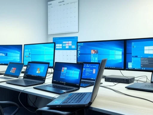 Multiple laptops and monitors displaying the Windows desktop in a modern office setting.