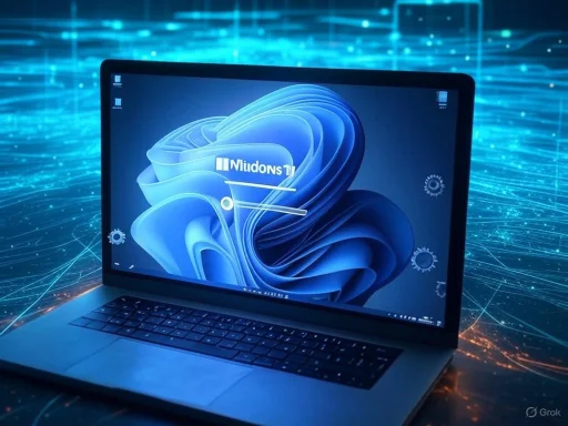A laptop displaying a Windows 11 screen with digital network graphics in the background.