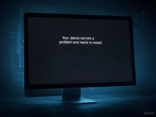 A computer screen displaying a 'blue screen of death' with a message: 'Your device ran into a problem and needs to restart.'