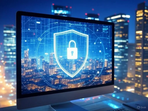 A computer monitor displays a digital lock symbol over a city skyline at night, symbolizing cybersecurity.