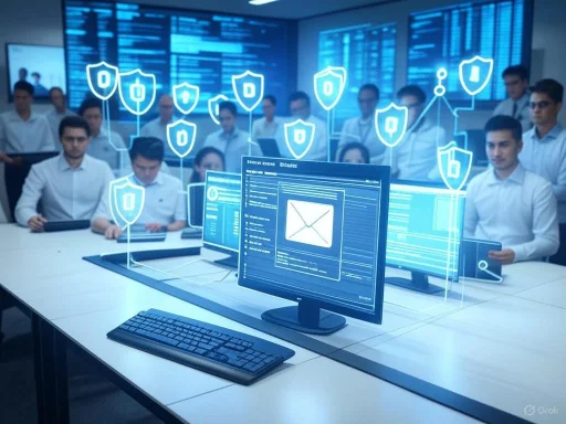 A team of professionals in a conference room engaged in cybersecurity or data protection, with holographic security icons overlayed.