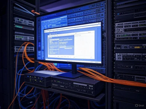 A computer workstation with a server room, featuring a monitor displaying a network management interface connected to multiple network cables.
