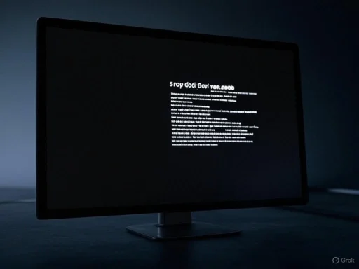 A computer monitor displays a black screen with white text in a dark room.