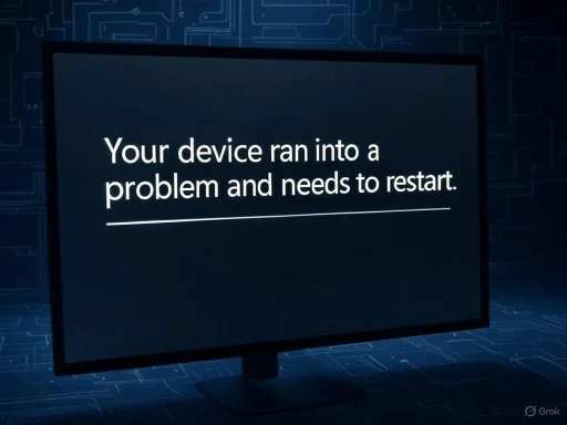 A monitor displays a blue screen with the message: 'Your device ran into a problem and needs to restart.'