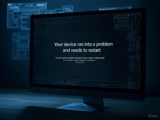 A computer monitor displays a blue screen error message indicating the device needs to restart due to problems.