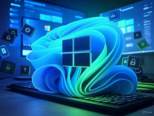 A digital illustration of cloud storage with Windows logo, surrounded by security icons, on a computer keyboard.