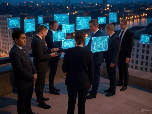 Business professionals collaborating on digital data analysis on a rooftop at night.