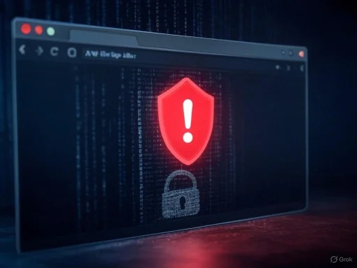 A computer screen displays a security warning with a red shield and exclamation mark, indicating a cyber threat or alert.