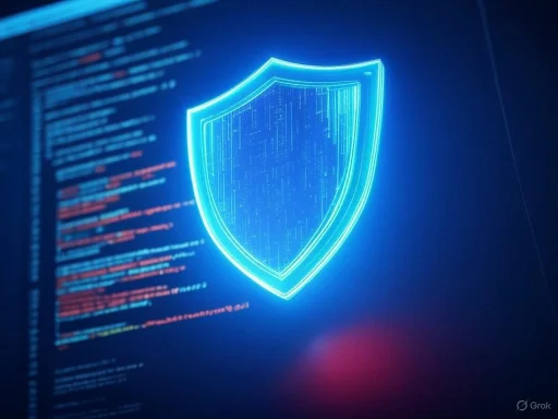 A digital shield icon representing cybersecurity or data protection with code in the background. A digital shield icon representing cybersecurity or data protection with code in the background.