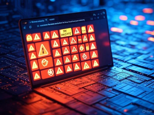 A tablet displays cybersecurity warning icons on a digital, neon-lit background. A tablet displays cybersecurity warning icons on a digital, neon-lit background.