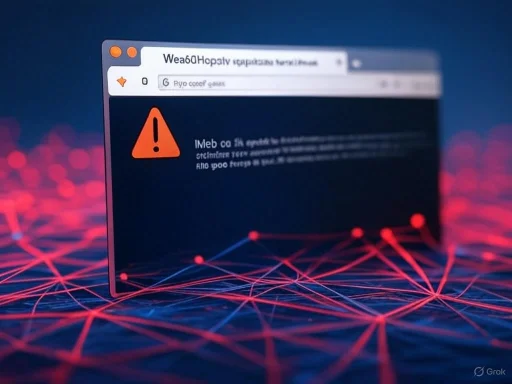 A computer warning screen with a red alert icon over a digital network background.