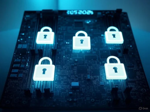 A digital circuit board displays multiple glowing padlock icons, symbolizing cybersecurity or data protection.