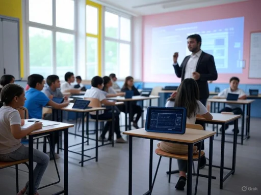 A teacher giving a lesson to students in a classroom equipped with tablets and digital presentation tools.