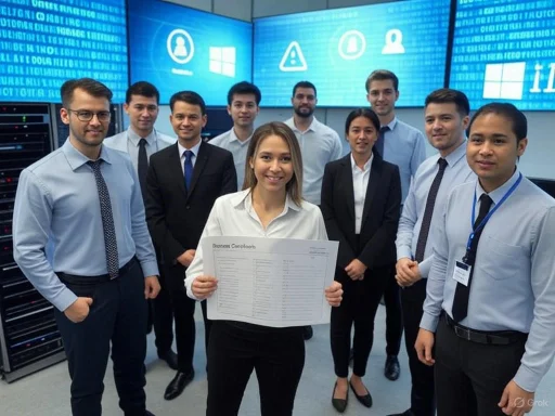Team of professionals celebrating a successful project or milestone in a high-tech office environment.
