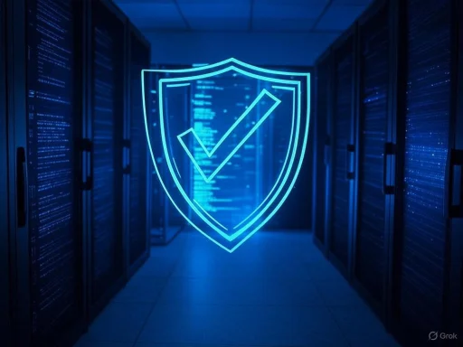 A neon shield with a checkmark floats in a data server room, symbolizing cybersecurity or data protection. A neon shield with a checkmark floats in a data server room, symbolizing cybersecurity or data protection.