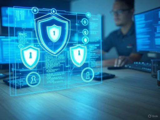 A person working on cybersecurity with holographic security shields and icons representing data protection.