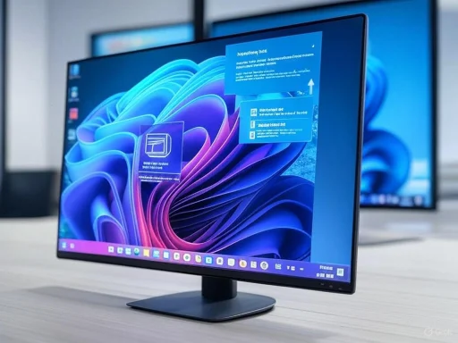 A sleek computer monitor displaying a vibrant abstract wallpaper on a light-colored desk.