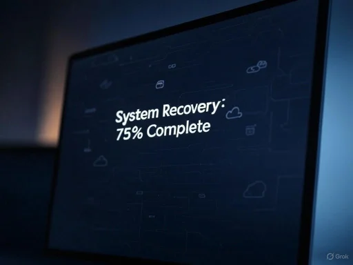 A laptop screen displays 'System Recovery: 75% Complete' during the recovery process.