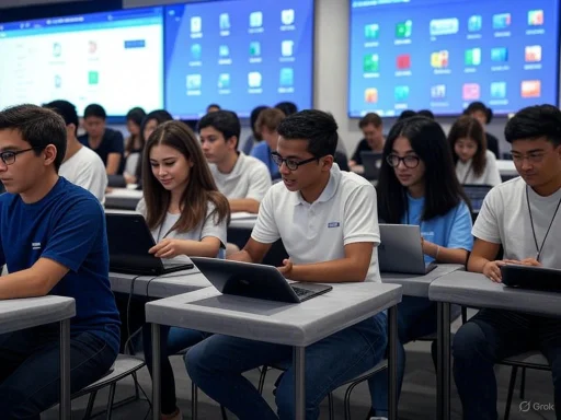 Students working with laptops in a classroom or workshop with large screens displaying software interfaces behind them. Students working with laptops in a classroom or workshop with large screens displaying software interfaces behind them.