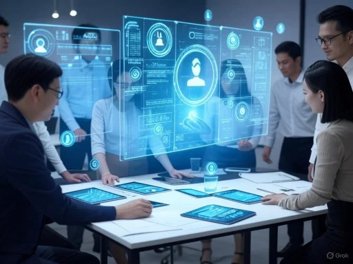 A team of professionals discusses data displayed on a futuristic, holographic digital interface during a meeting.