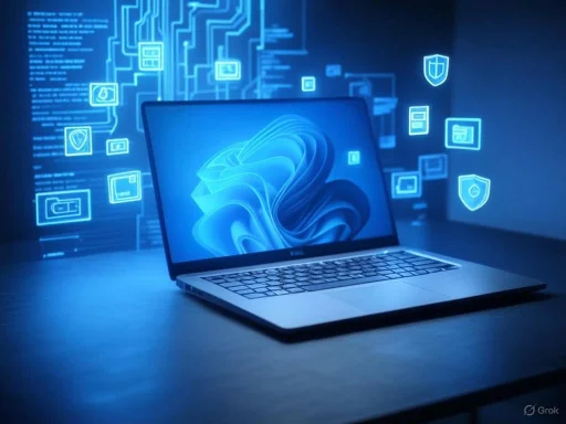 A laptop displaying a digital blue circuit background with various security and data icons.
