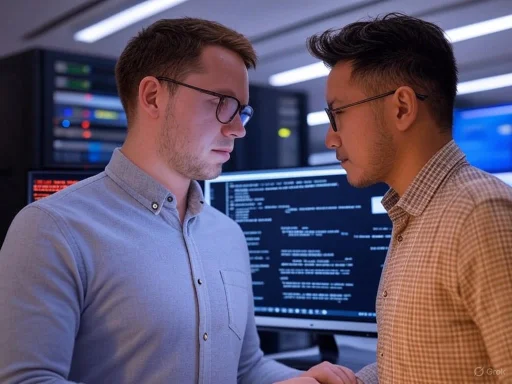 Two men with glasses face off intensely in a high-tech control room filled with monitors and servers.