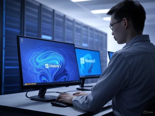 A man wearing glasses working on a computer in a data center with server racks in the background.