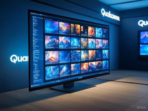 A large monitor displays a grid of vibrant mountain landscape images at a tech event. A large monitor displays a grid of vibrant mountain landscape images at a tech event.