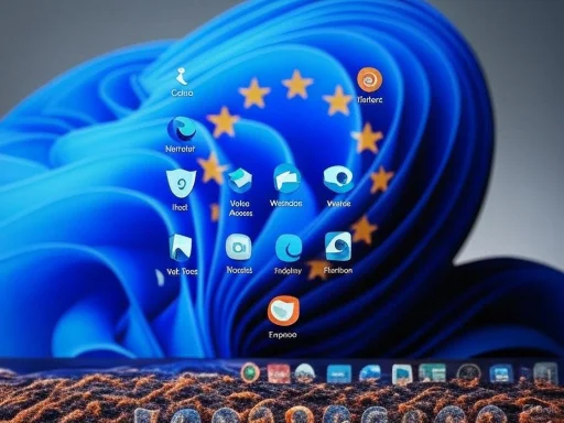 A computer desktop with various app icons over a blue abstract background featuring the European Union flag.