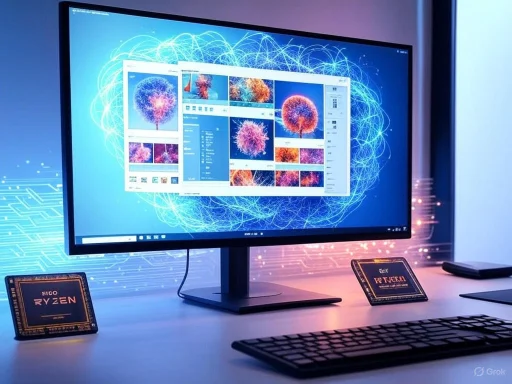 A computer monitor displays colorful digital images of cellular or molecular structures with a high-tech backdrop.