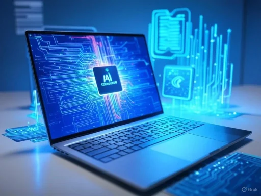 A laptop displays 'AI coding' with digital circuits and holographic icons related to data and technology.