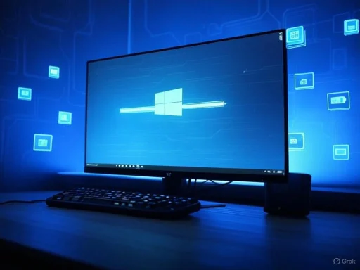 A computer monitor displays a Windows logo with a loading bar, surrounded by digital icons on a dark desk.