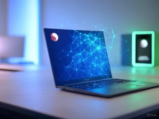 A laptop with digital network graphics on the screen, connected to a holographic or augmented reality interface.