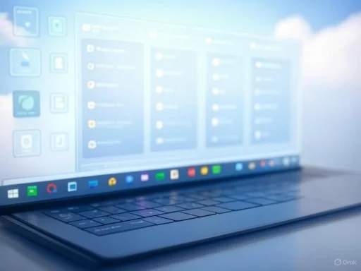 A blurred image of a laptop screen displaying social media or messaging apps against a cloudy sky background. A blurred image of a laptop screen displaying social media or messaging apps against a cloudy sky background.