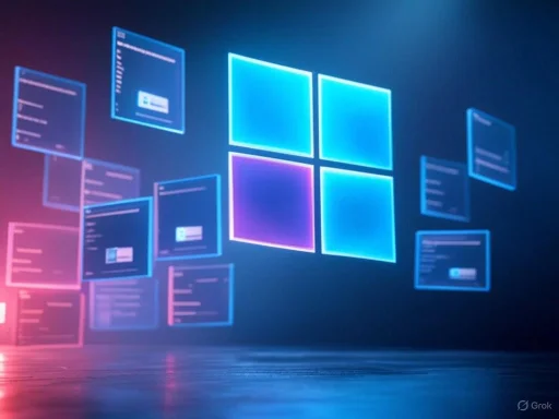 Digital floating windows displaying a Windows interface on a dark background.