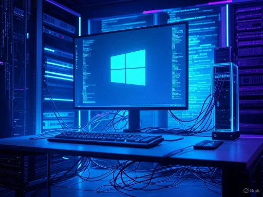 A computer setup with a monitor displaying a Windows logo, surrounded by servers and neon blue lighting.