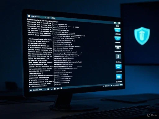 A computer screen displays lines of code or system logs, with a shield icon on the right indicating security or protection.