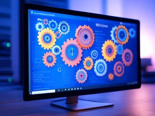 A computer monitor displays a colorful digital illustration of interlocking gears on a blue background.