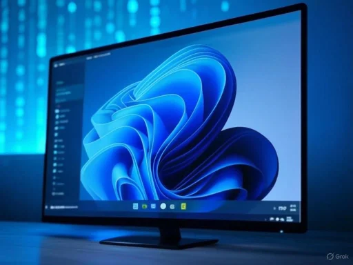 A sleek computer monitor displaying a vibrant blue abstract wallpaper against a dark background. A sleek computer monitor displaying a vibrant blue abstract wallpaper against a dark background.