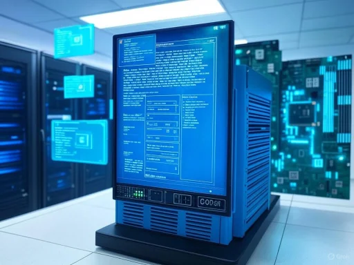A close-up of a classic mainframe computer with multiple digital screens showing blueprints and data, in a high-tech server room.